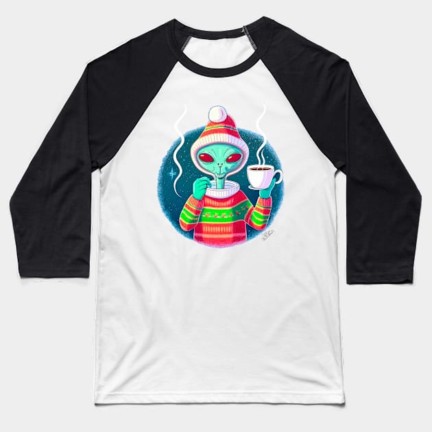 Christmas Funny Alien Drinking Coffee Wearing Sweater Baseball T-Shirt by extraordinar-ia